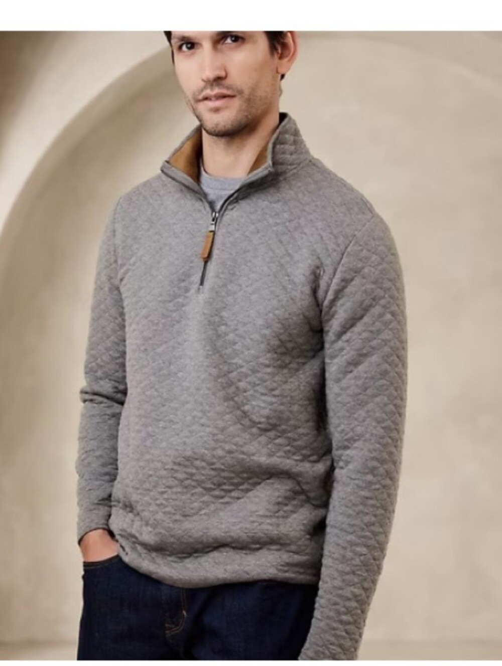 Banana Republic Factory Quilted Knit Quarter-Zip Pullover Rock Gray Mens Medium